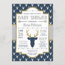 Baby Shower-inbjudan, marin, Grått, Guld