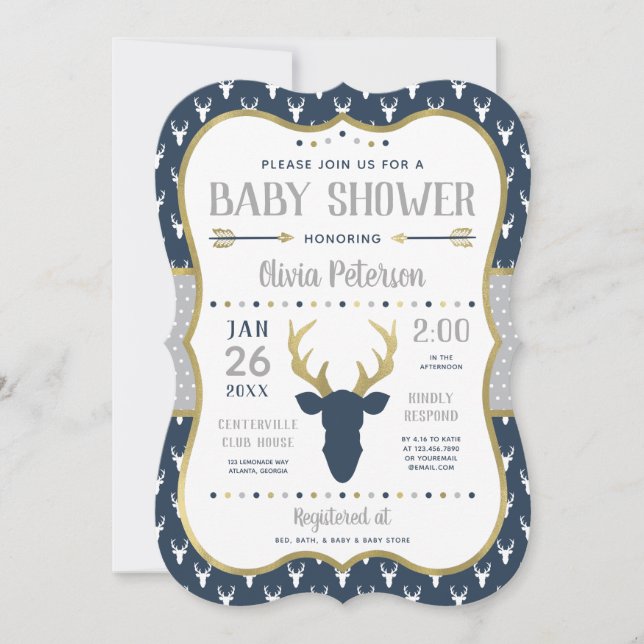Baby Shower-inbjudan, marin, Grått, Guld Inbjudningar (Framsida)