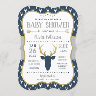 Baby Shower-inbjudan, marin, Grått, Guld Inbjudningar