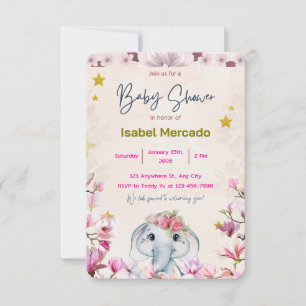 Baby Shower-inbjudan med blommande elefant. Inbjudningar