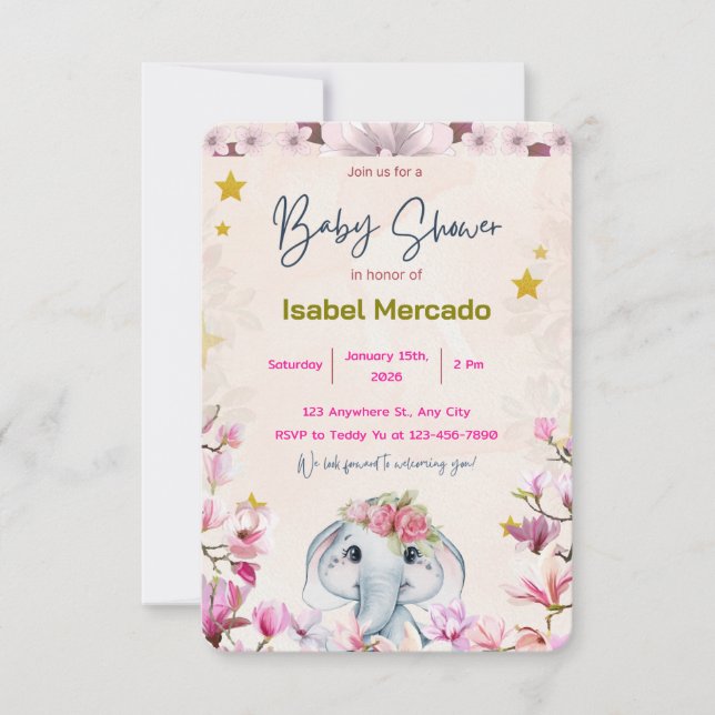 Baby Shower-inbjudan med blommande elefant. Inbjudningar (Framsida)