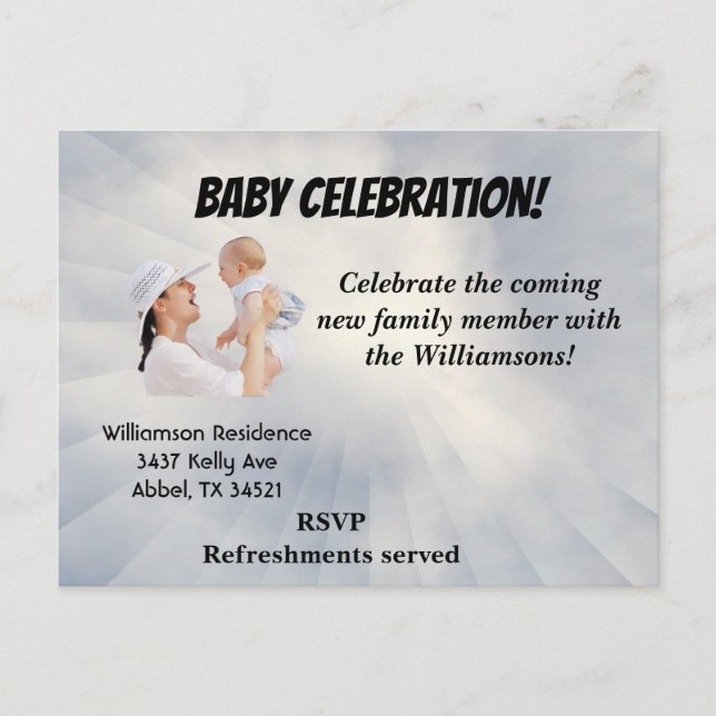 Baby Shower Inbjudan med himmelblå bakgrund (Framsida)