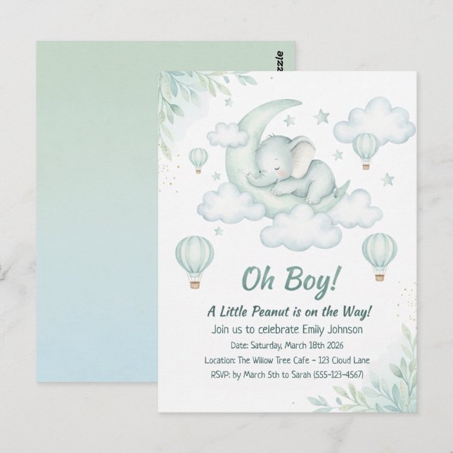 Baby Shower-inbjudan med Sleft Baby Elephant Vykort (Fram/baksida)