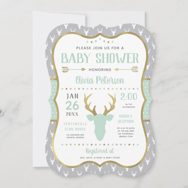 Baby Shower-inbjudan, Mint, Grått, Guld Inbjudningar (Framsida)