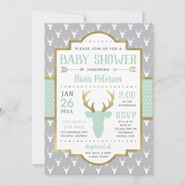 Baby Shower-inbjudan, Mint, Grått Inbjudningar (Framsida)
