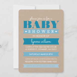 BABY SHOWER INBJUDAN modern, kraftsäcksvitt BLUE