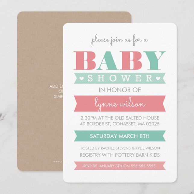 BABY SHOWER INBJUDAN moderna gender avslöjar koral (Fram/baksida)