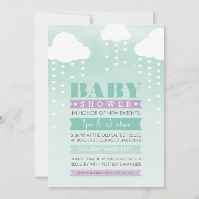 BABY SHOWER INBJUDAN ombre vattenfärgsmint lila (Framsida)
