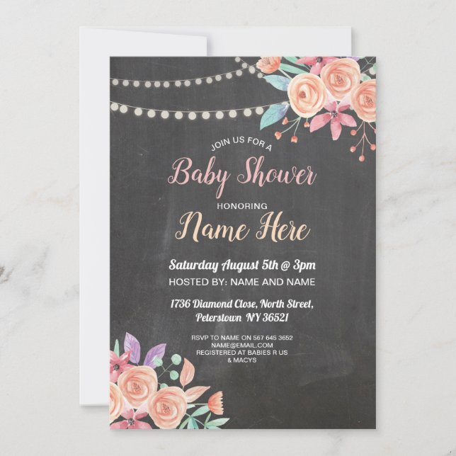 Baby Shower Inbjudan Peach Flower Party Lilac Krit (Framsida)