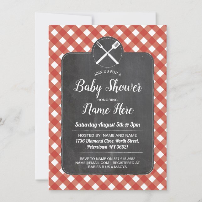 Baby Shower Inbjudan Red Gingham Chalk BBQ Stil (Framsida)