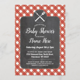 Baby Shower Inbjudan Red Gingham Chalk BBQ Stil