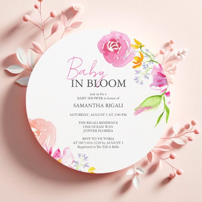 Baby Shower Inbjudan Rosa Baby in Bloom (Baby in bloom baby shower invitations for girl features watercolor floral art Victoria Grigaliunas)