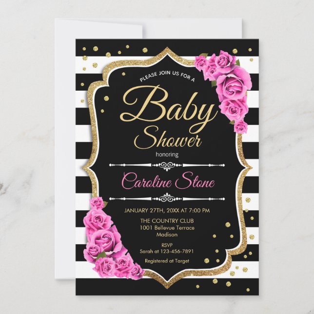 Baby Shower-inbjudan, Rosa Black White Rand Inbjudningar (Framsida)