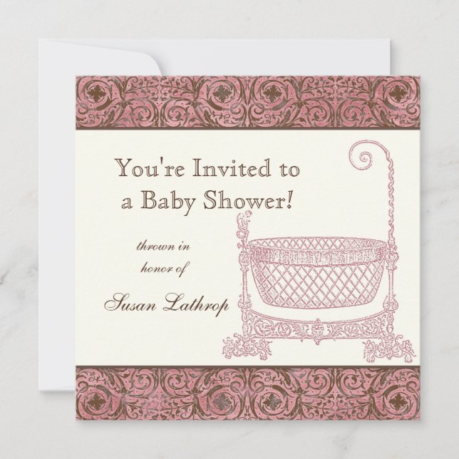 Baby Shower Inbjudan - Rosa Brown Damask Cradle (Framsida)