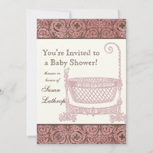 Baby Shower Inbjudan - Rosa Brown Damask Cradle