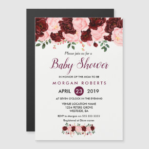 Baby Shower Inbjudan:  Rosa Burgundy-Blommigt Magnetisk Inbjudningskort