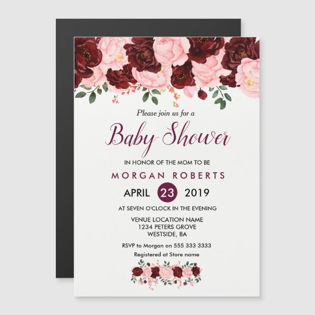 Baby Shower Inbjudan:  Rosa Burgundy-Blommigt Magnetisk Inbjudningskort (Fram/baksida)