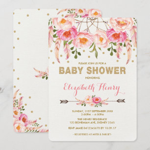 Baby Shower Inbjudan Rosa Guld Boho Flowers