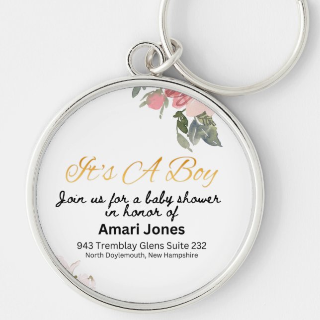 Baby Shower-inbjudan Rund Silverfärgad Nyckelring (Framsidan)