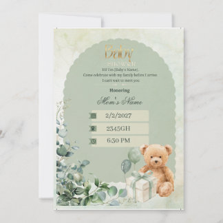 Baby Shower Inbjudan| Sage Green Teddy Bear Baby Inbjudningar