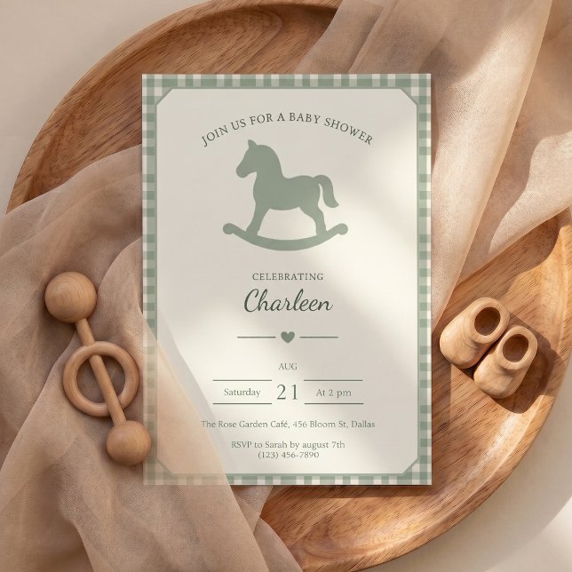 Baby Shower Inbjudan Sage Grön Gunghäst (Baby Shower Invitation Sage Green Rocking Horse)