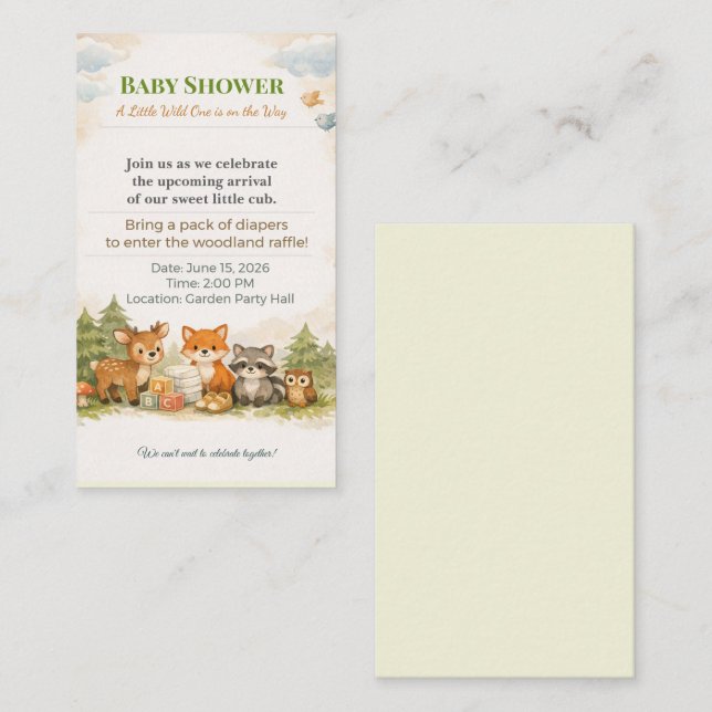 Baby Shower Inbjudan | Skogs Diaper Lotteri Kort (Fram/baksida)