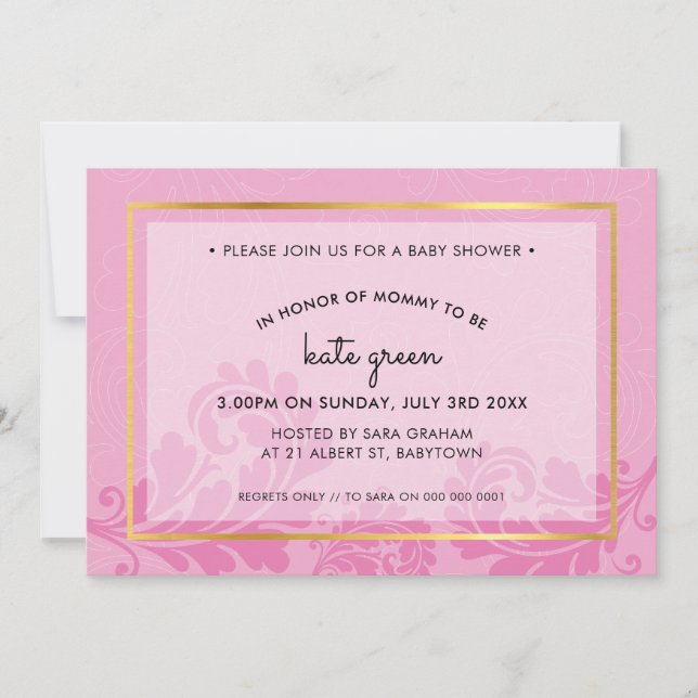BABY SHOWER INBJUDAN söt, blomstrande blek rosa gu (Framsida)