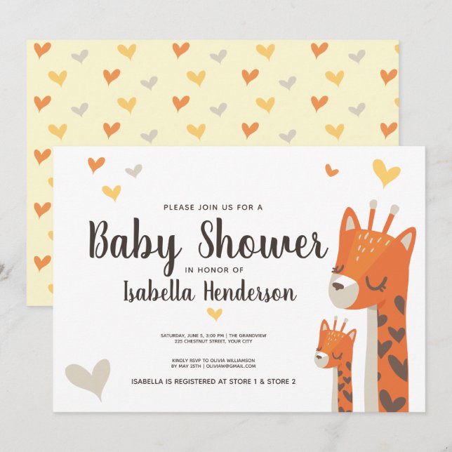Baby Shower Inbjudan Söt Giraff Djungeldjur (Fram/baksida)