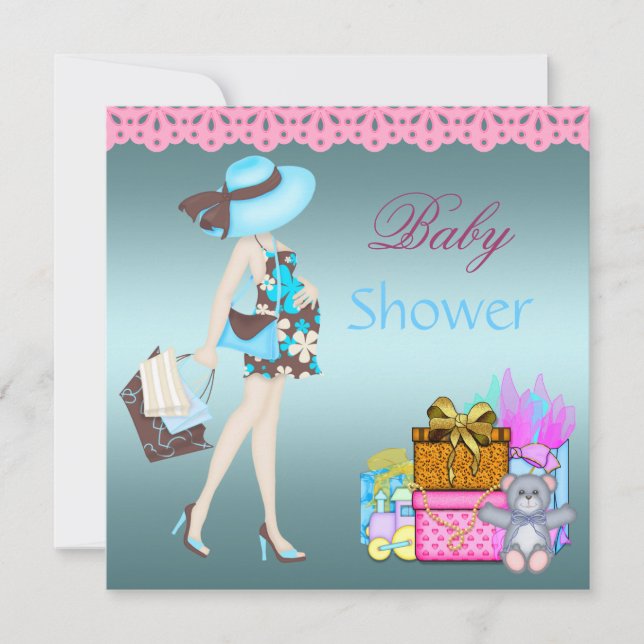 Baby Shower Inbjudan Teal Blå Rosa presenter Björn (Framsida)