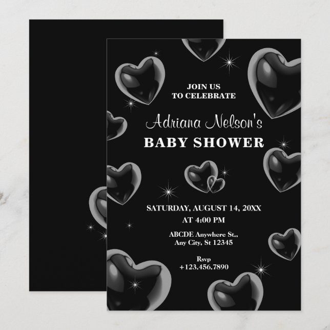 BABY SHOWER-inbjudan till Black Hearts bubble BABY Inbjudningar (Fram/baksida)