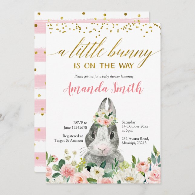Baby Shower-inbjudan till Blommigten Little Bunny  Inbjudningar (Fram/baksida)