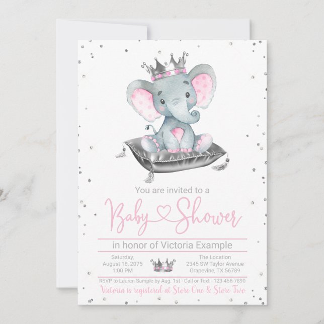 Baby Shower-inbjudan till flicka Elephant Princess Inbjudningar (Framsida)