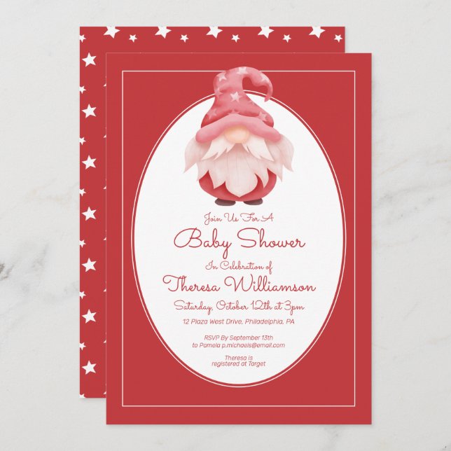 BABY SHOWER | Inbjudan till Red Star Gnome Baby Sh (Fram/baksida)