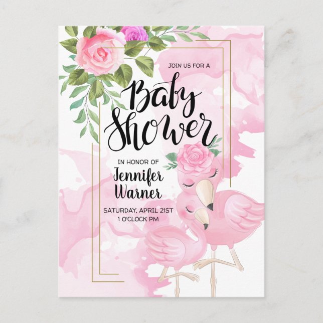 Baby Shower | Inbjudan till Rosa Watercolor Flamin (Framsida)