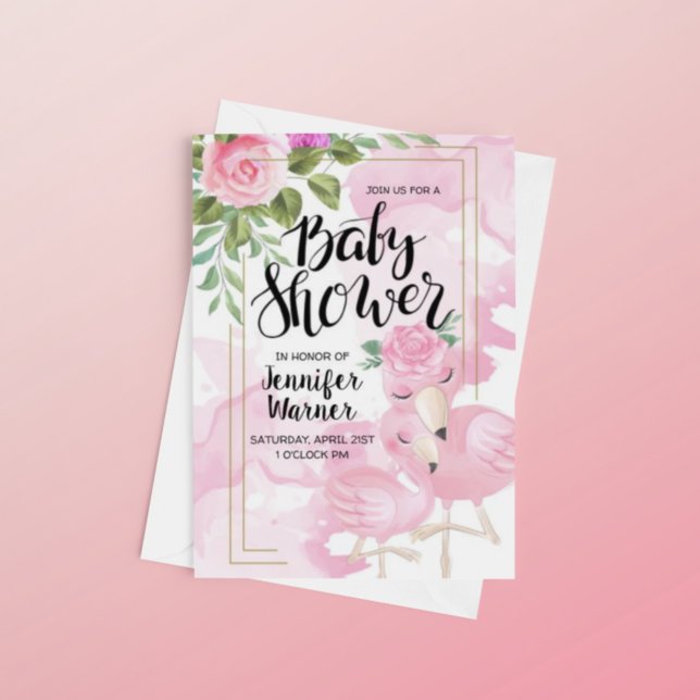 Baby Shower | Inbjudan till Rosa Watercolor Flamin (Skapare uppladdad)