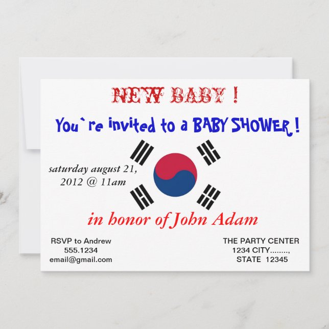 Baby Shower-inbjudan till Sydkoreas Flagga Inbjudningar (Framsida)