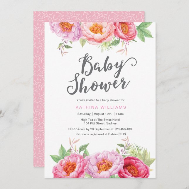 Baby Shower-inbjudan | Vattenblommor från Peony Inbjudningar (Fram/baksida)