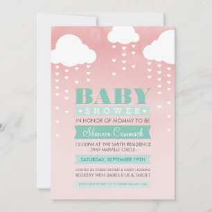 BABY SHOWER INBJUDAN, vattenfärgkorall för vattenf Inbjudningar