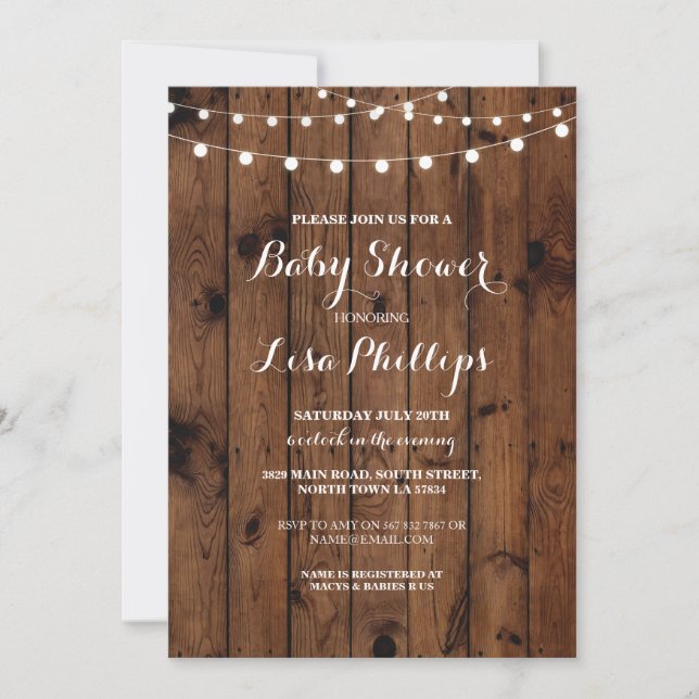 Baby Shower Inbjudan Wood Rustic Ljus par Party (Framsida)