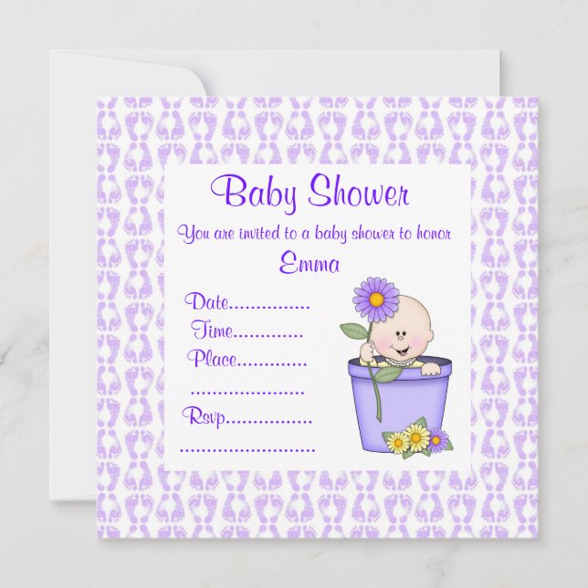 BABY SHOWER INBJUDANDE Lila FÖR FLÖDESPOST Inbjudningar (Framsida)