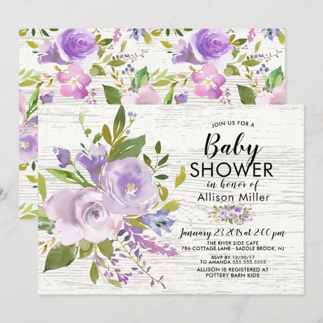 BABY Shower-inbjudningar för Rustic Lavender Blomm Inbjudningar (Fram/baksida)