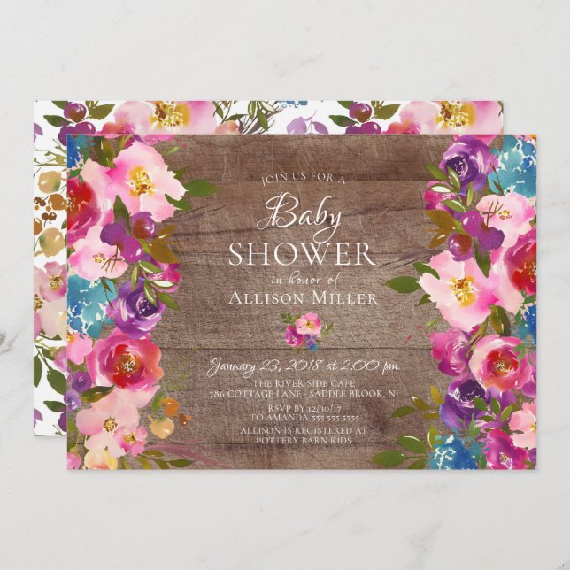 BABY Shower-inbjudningar för Rustic Lila Rosa Blom Inbjudningar (Fram/baksida)