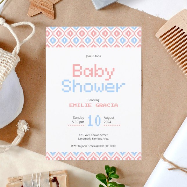 Baby Shower Inbjudningskort | Pixelvävning (cute , unique invitation card for baby shower with soft colors and pixel pattern )