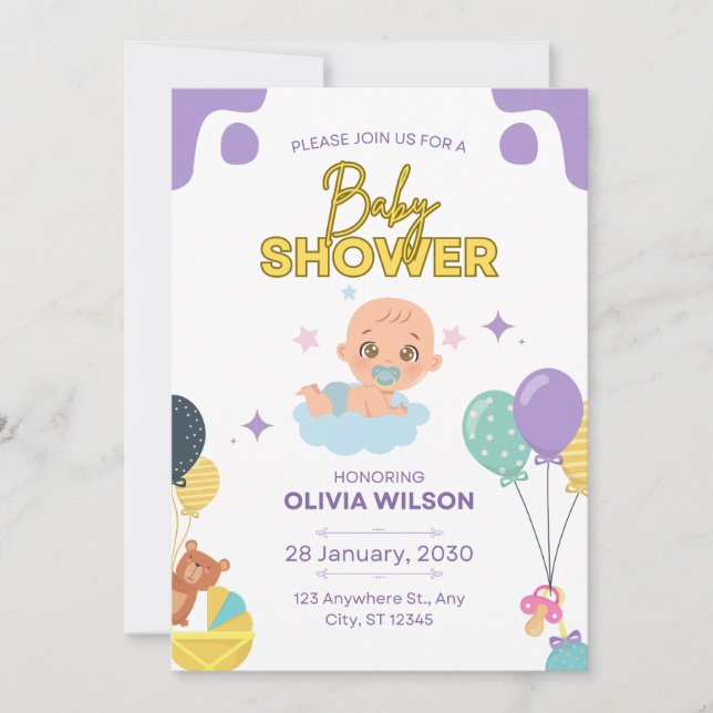 Baby Shower Invitation Blue Minimal Elegant Inbjudningar (Framsida)