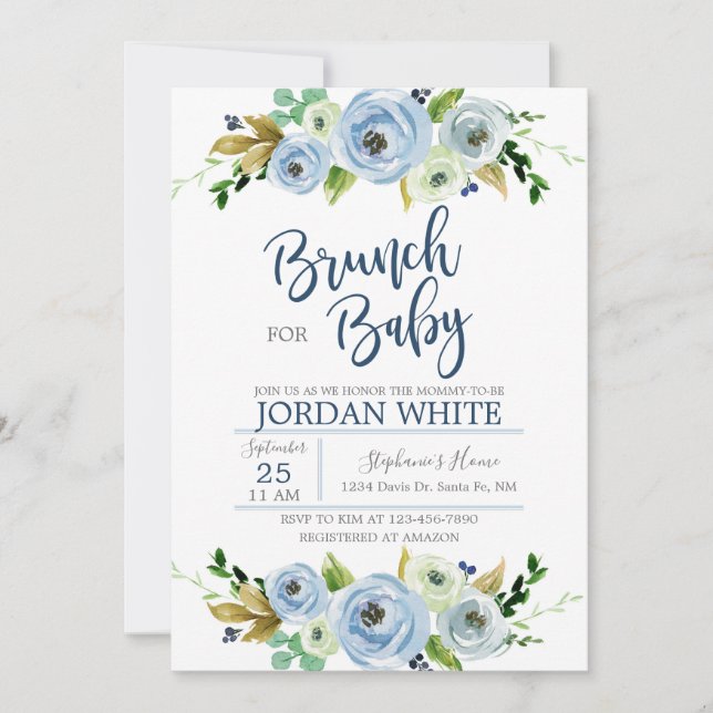 Baby shower invitation boy, blue floral invite inbjudningar (Framsida)