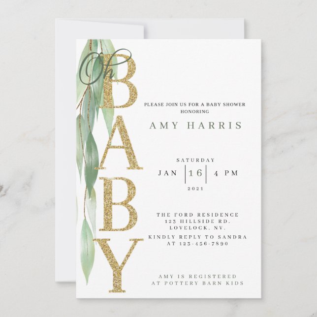 BABY SHOWER INVITATION|greenery|Sage grönt Inbjudningar (Framsida)