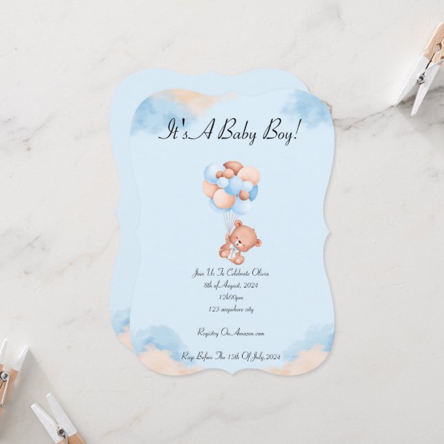 BABY SHOWER INVITATION IN BLUE FOR BOYYS INBJUDNINGAR (Fram/Back In Situ)