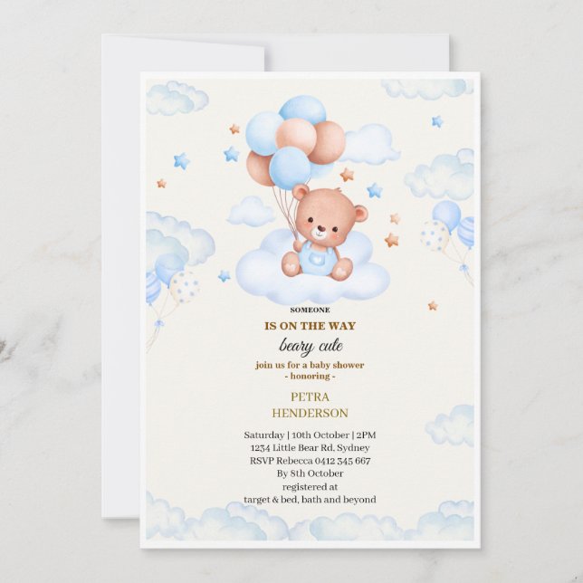 Baby shower invitation in the shape of a blue  inbjudningar (Framsida)