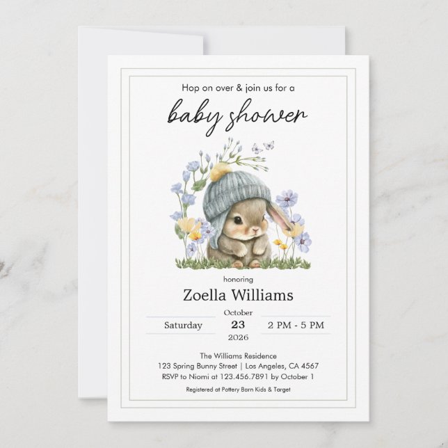 Baby Shower Invitation Simple Flowers Bunny Inbjudningar (Framsida)