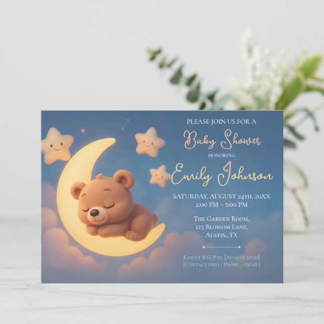 Baby Shower Invitation – Teddy Bear on the Moon Inbjudningar (Stående Fram)